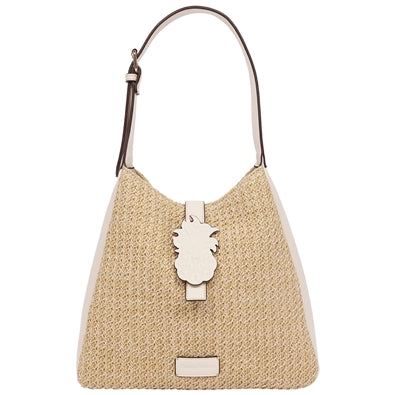 Logo Tab Raffia Hobo Bag, Cream, 10"